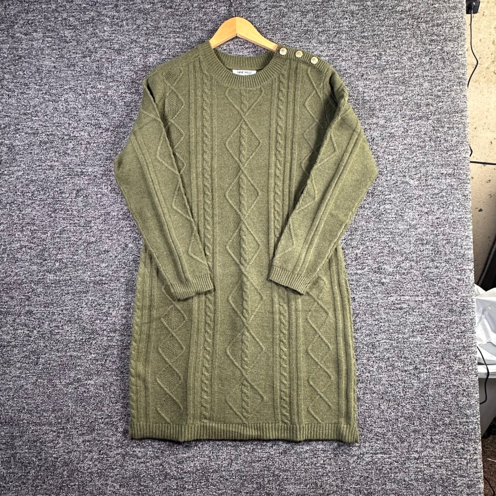 Nine West Jeans Womens Olive Green Cable‎ Knit Sweater Dress Gold Buttons Large